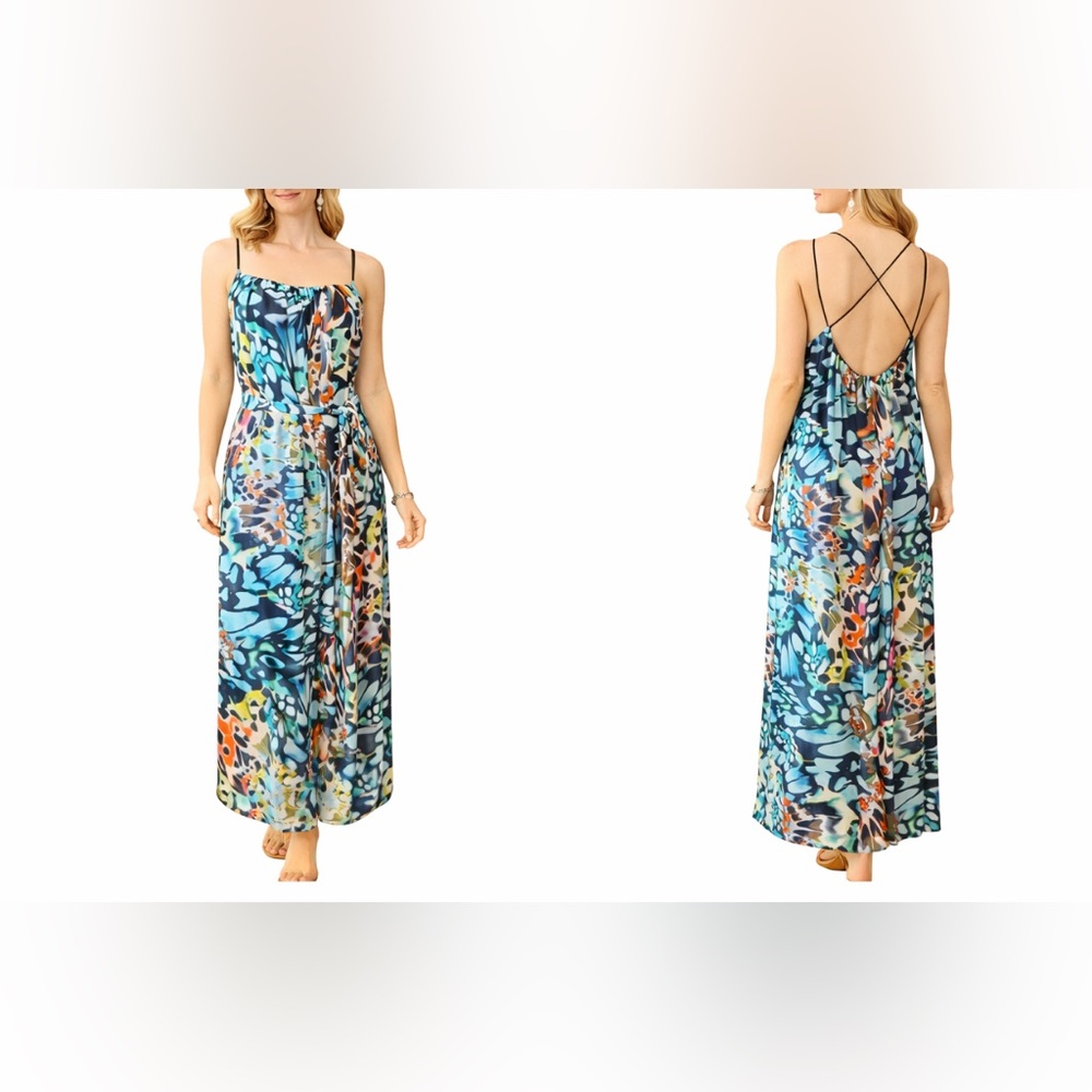 Bebe Dress Blue Red L Large Flowing Strappy Multicolor Maxi Midi
